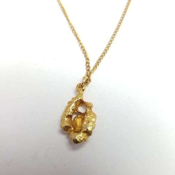 Vintage Gold Tone Nugget Shape Pendant Necklace, Chain, Retro Estate - Picture 3 of 7